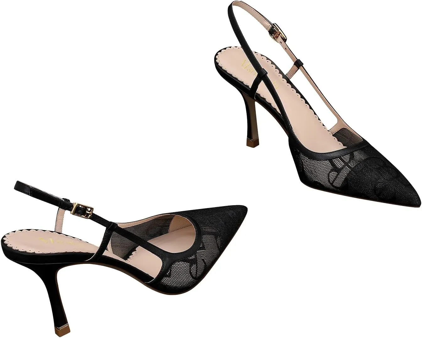 MSONLYDN Ladies Heels Strap Sandals Comfort Open Heels Mesh Leather Shoes Women Closed Pointed Toe Elegant Stiletto Heels 3.27inch