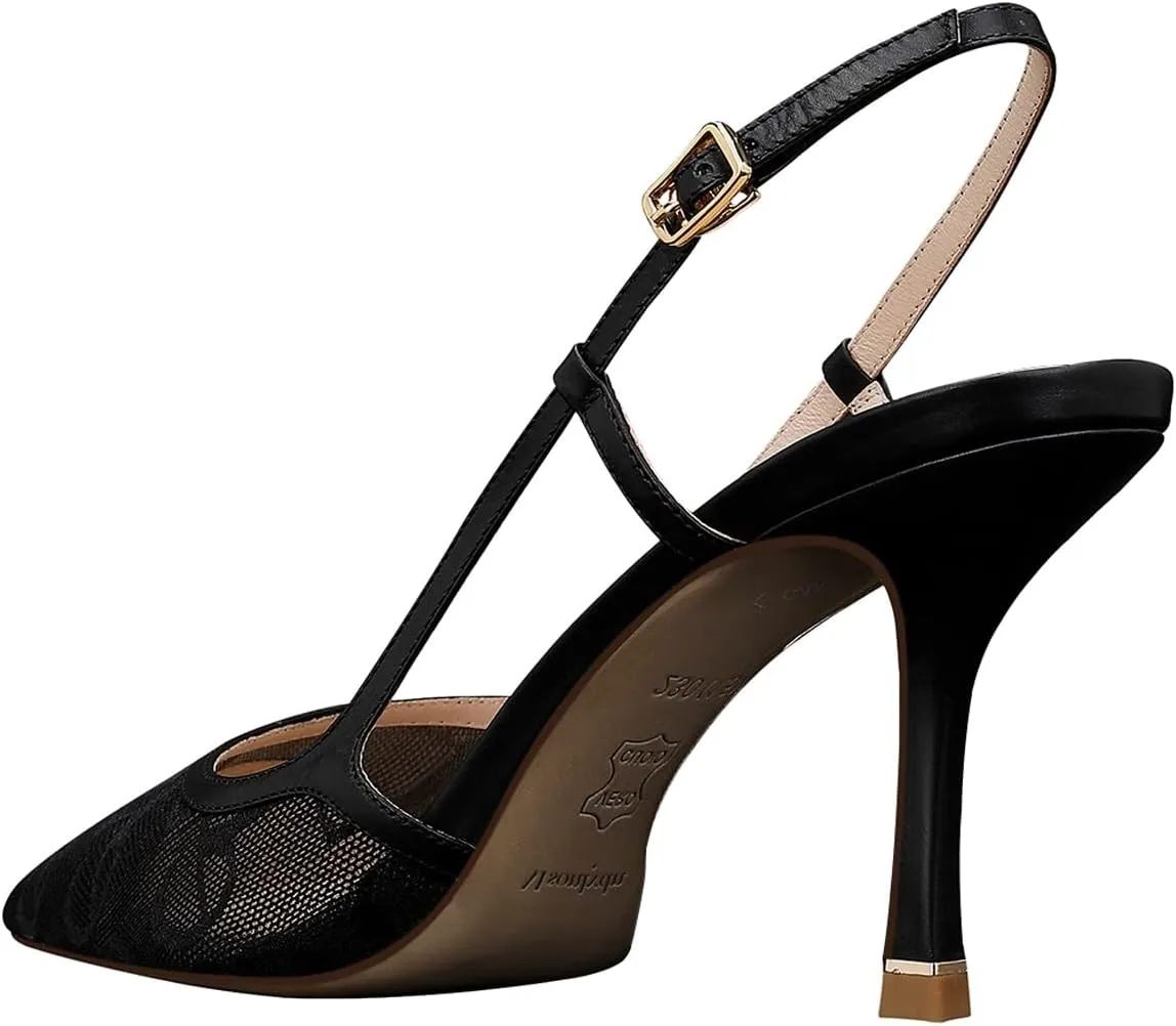 MSONLYDN Ladies Heels Strap Sandals Comfort Open Heels Mesh Leather Shoes Women Closed Pointed Toe Elegant Stiletto Heels 3.27inch