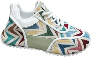 Multicolor Geometric Print Sneakers - White Sole with Green Accents, Breathable Mesh Upper Design for Casual Style (Camel,10)