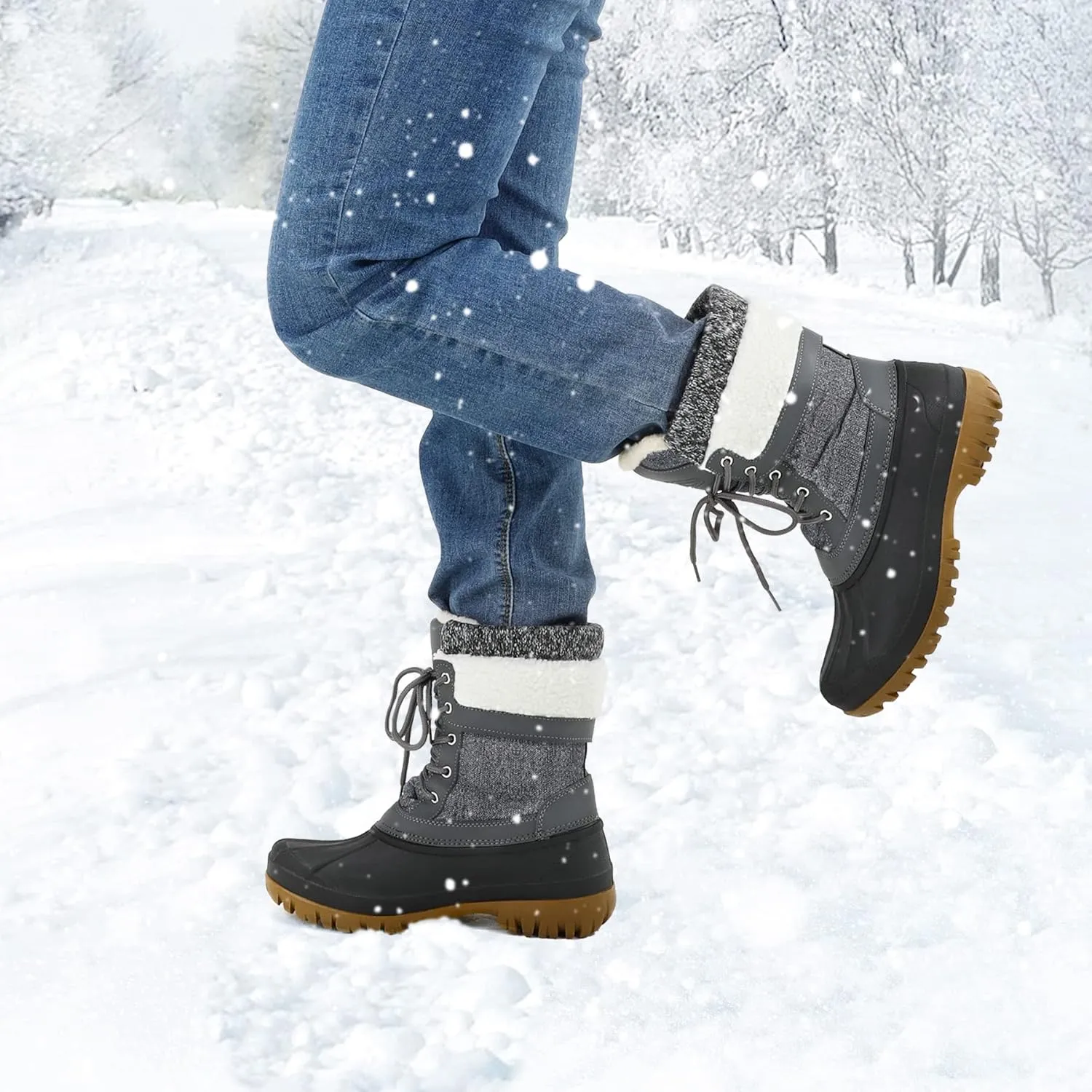 mysoft Women's Winter Snow Boots Waterproof Insulated Mid-Calf Booties, Fur-lined Lace Up Shoes for Outdoor