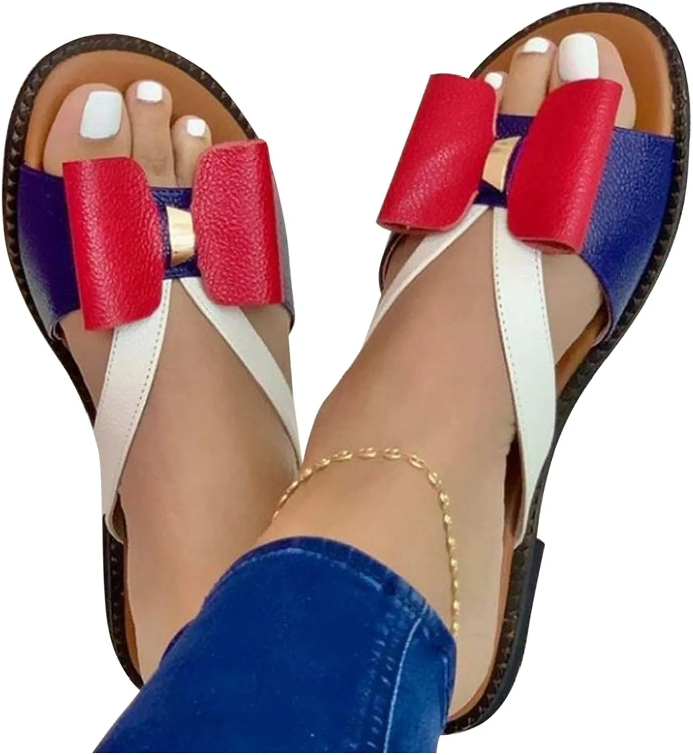 Nevera Women Womens Slip On Flat Beach Slipper Sandals Colorblock Bowknot Open Toe Slides Slipper Summer Slippers Shoes Red