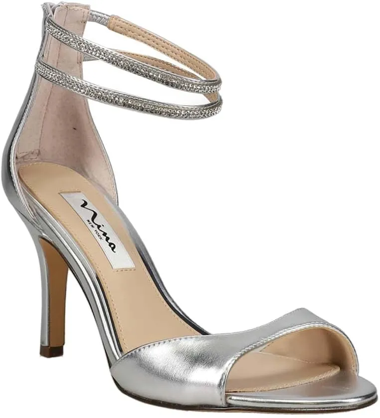NINA Womens Viktora Metallic Ankle Strap Evening Dress Sandals High Heel 3" & Up - Silver