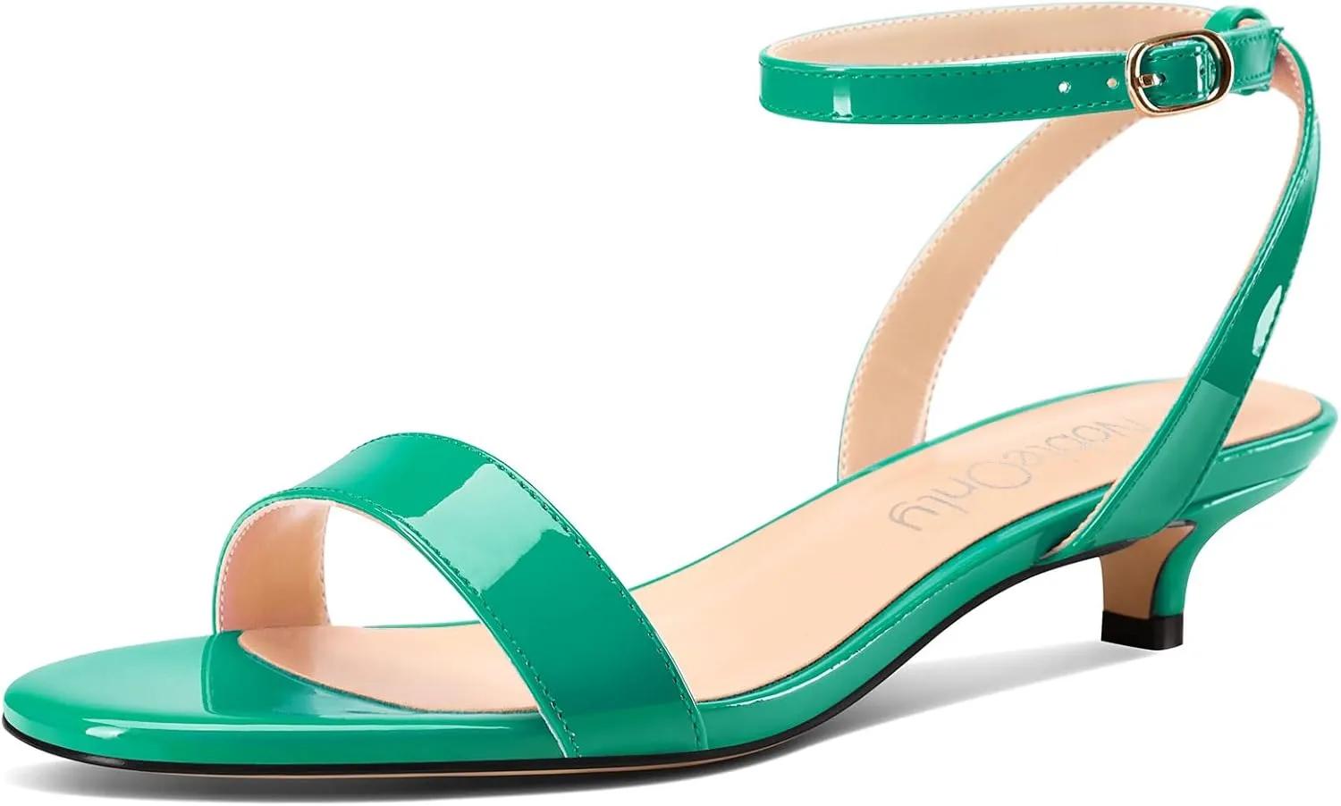 NobleOnly Womens Low Kitten Heel Open Toe Ankle Strap Slingback Patent Leather Sandals Dress Casual Buckle Shoes 1.2 Inches Heels