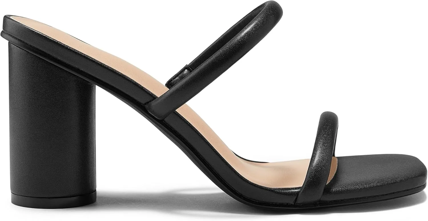 Nude Slip on Heels Women Black Heeled Sandals Dressy Square Toe Block Chunky Clear Slide Heels for Women
