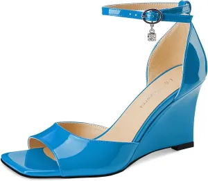 Oh Mispares Black Wedge Heels for Women Square Toe Sandals Ankle Strap 3.5 Inch Elegant Wedding Sandals for Brides