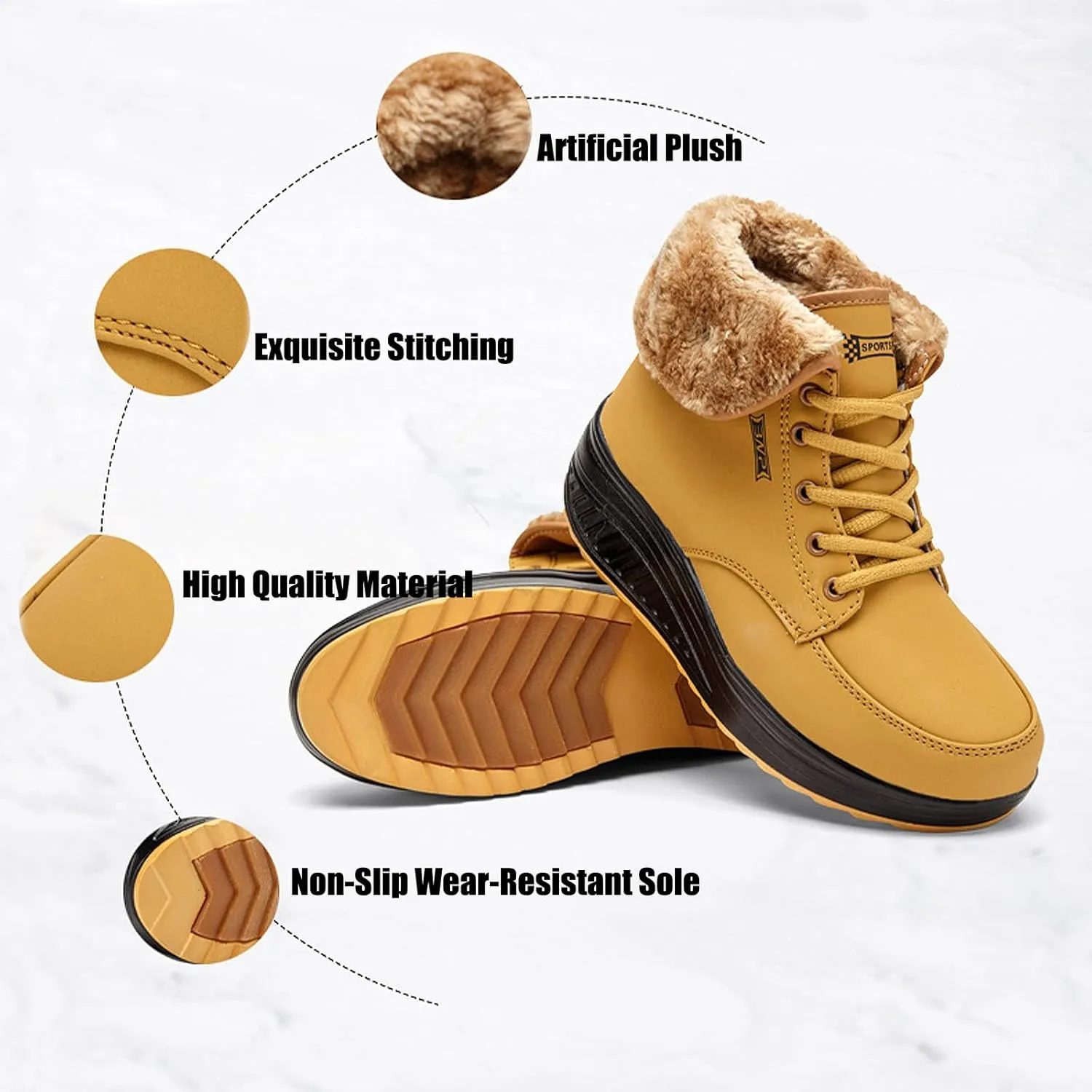 Optigard Women's Platform Lace-up Snow Boots Arch Support Comfy Warm Fur Lined Outdoor Waterproof Non-slip High Top Wedge Winter Ankle Boots Sneakers