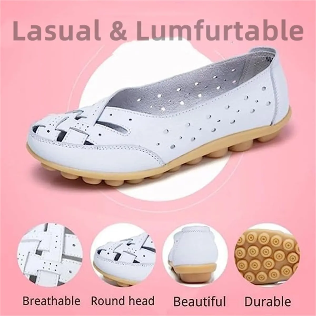Orthopedic Loafers in Breathable Leather,Womens Casual Soft Sole Hollow Slip on Walking Shoes,Closed Toe Flat Boat Shoes