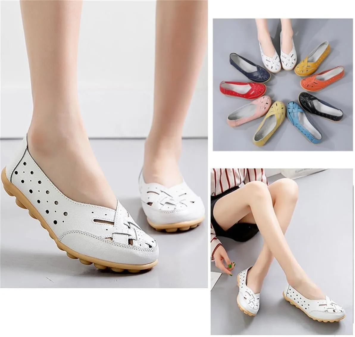 Orthopedic Loafers in Breathable Leather,Womens Casual Soft Sole Hollow Slip on Walking Shoes,Closed Toe Flat Boat Shoes