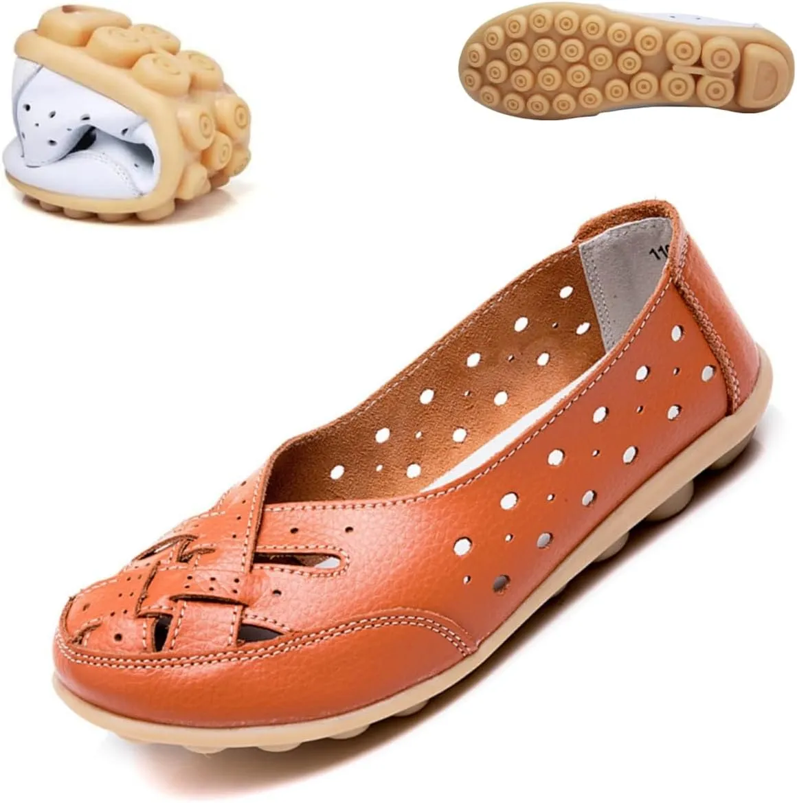 Orthopedic Loafers in Breathable Leather,Womens Casual Soft Sole Hollow Slip on Walking Shoes,Closed Toe Flat Boat Shoes