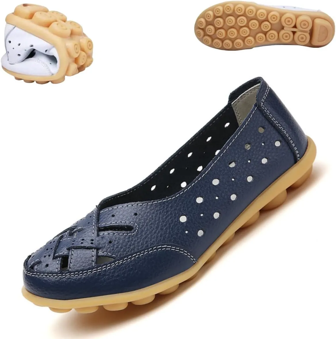Orthopedic Loafers in Breathable Leather,Womens Casual Soft Sole Hollow Slip on Walking Shoes,Closed Toe Flat Boat Shoes