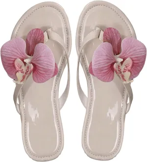 OYOANGLE Women's Floral Flat Flip Flops Pu Leather Slip On Causal Elegant Slide Sandals