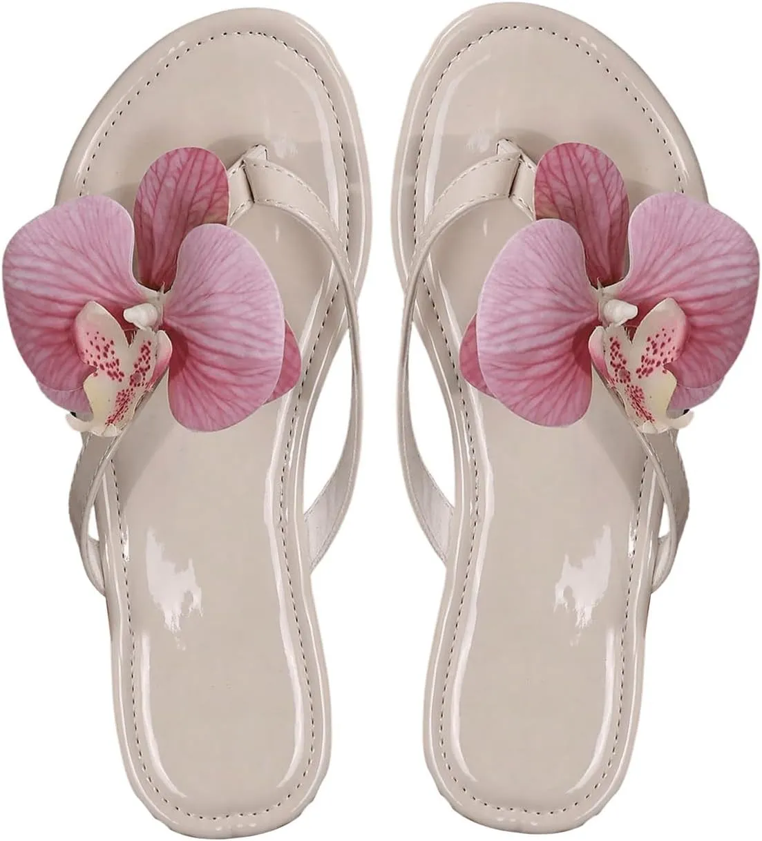 OYOANGLE Women's Floral Flat Flip Flops Pu Leather Slip On Causal Elegant Slide Sandals