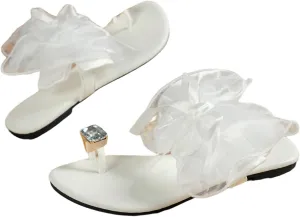 OYOANGLE Women's Rhinestone Toe Ring Bowknot Sandals Open Toe Flat Flip Flops Casual Elegant Sandals