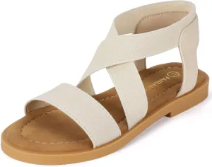 PANDANINJIA Girls Sandals Slip-on Elastic Ankle Cross Strappy Gladiator Dress Sandals Flats Summer Shoes Little Big Kids Sandals