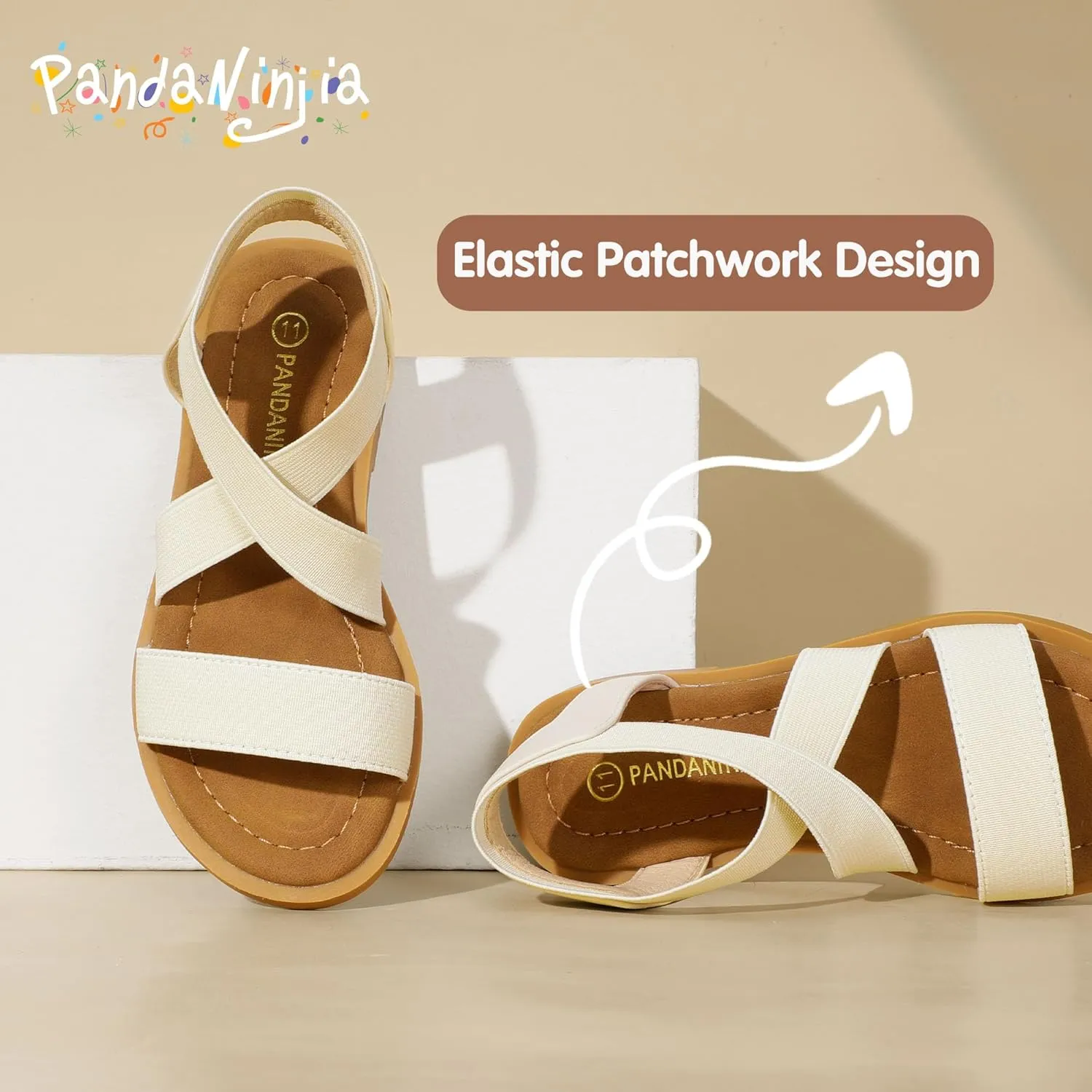 PANDANINJIA Girls Sandals Slip-on Elastic Ankle Cross Strappy Gladiator Dress Sandals Flats Summer Shoes Little Big Kids Sandals