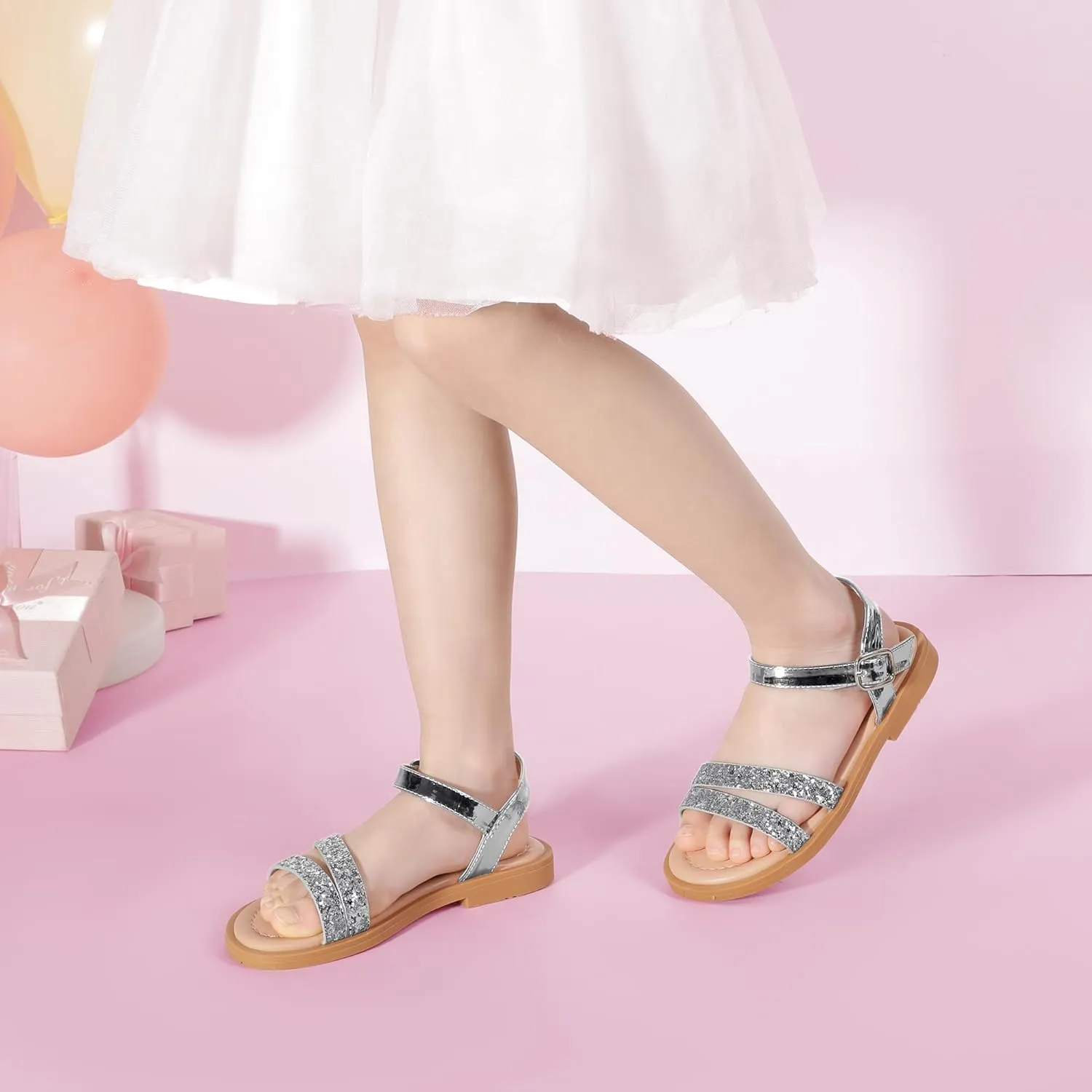 PANDANINJIA Girls Sandals Toddler Little Big Kids Kid Cute Open Toe Flats Dress Sandals Mona Summer Shoes