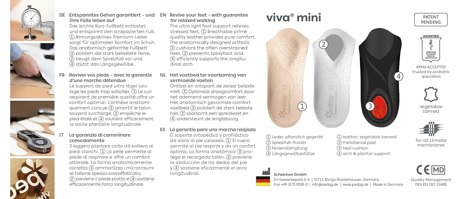 Pedag Viva Mini | 3/4 Leather Arch Support Inserts | Handmade in Germany | Plantar Fasciitis Relief | Heel Cushion | Metatarsal Support Pad | Low Profile Shoe Insoles | Tan | Women US 8/ Men 5/ EU 38