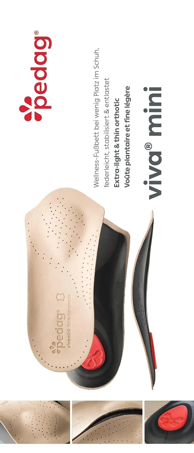 Pedag Viva Mini | 3/4 Leather Arch Support Inserts | Handmade in Germany | Plantar Fasciitis Relief | Heel Cushion | Metatarsal Support Pad | Low Profile Shoe Insoles | Tan | Women US 8/ Men 5/ EU 38
