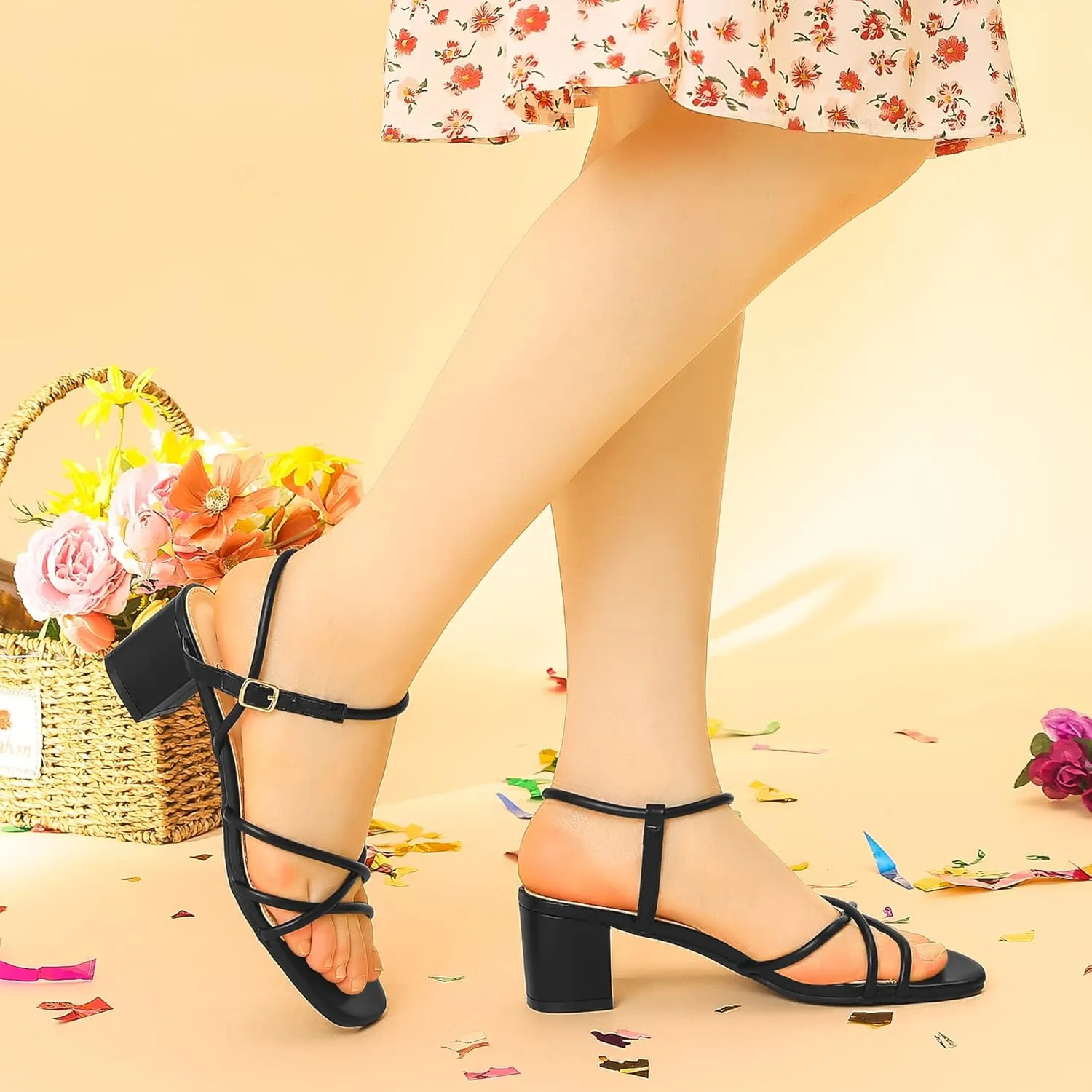 Perphy Strappy Heels Square Toe Slingback Chunky Heel Sandals for Women