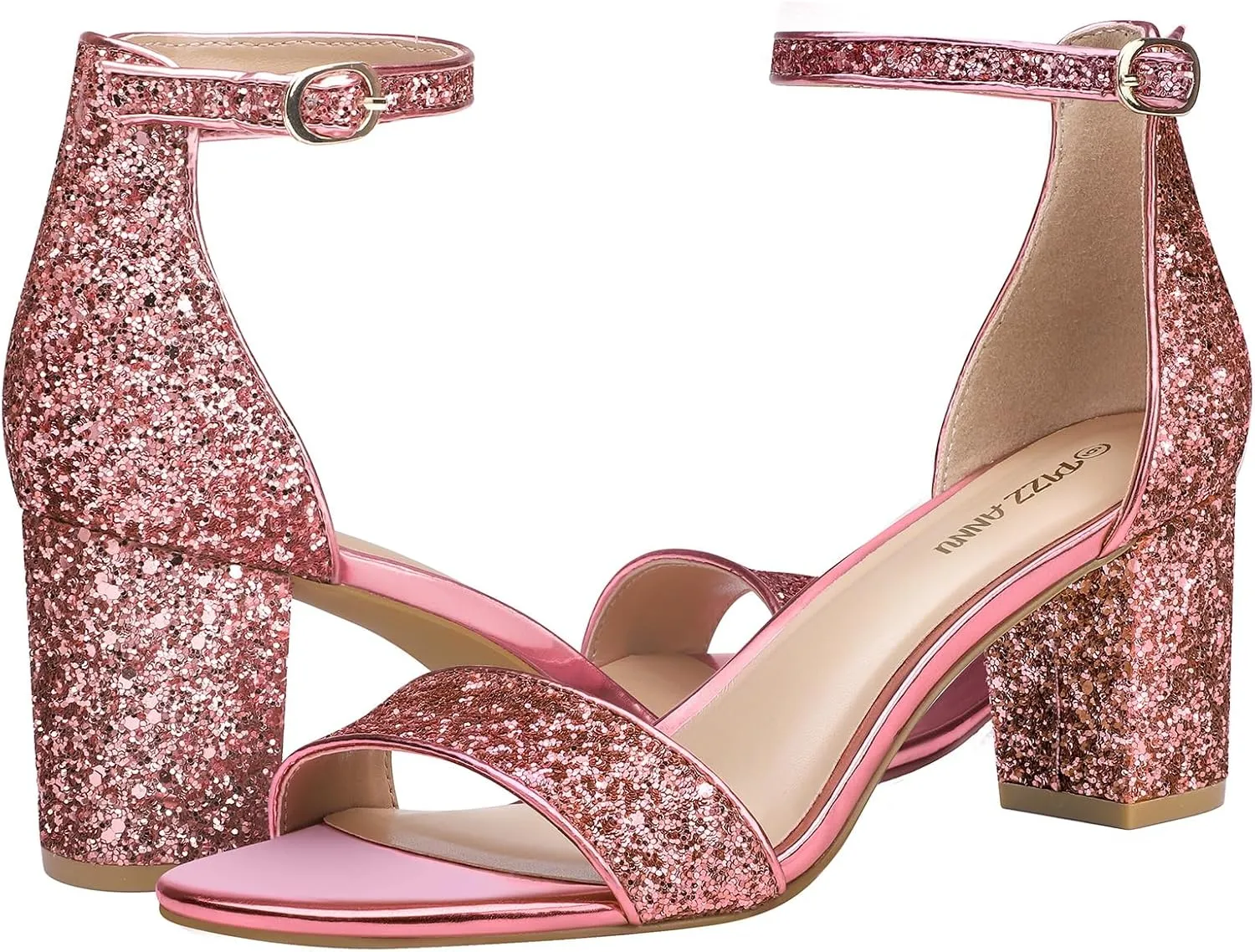 PIZZ ANNU Women's Open Toe Ankle Strap Low Block Chunky Heels Sandals Party Dress Pumps Shoes Strappy Buckle Sandals with 2.6" Tall Thick Heel Design