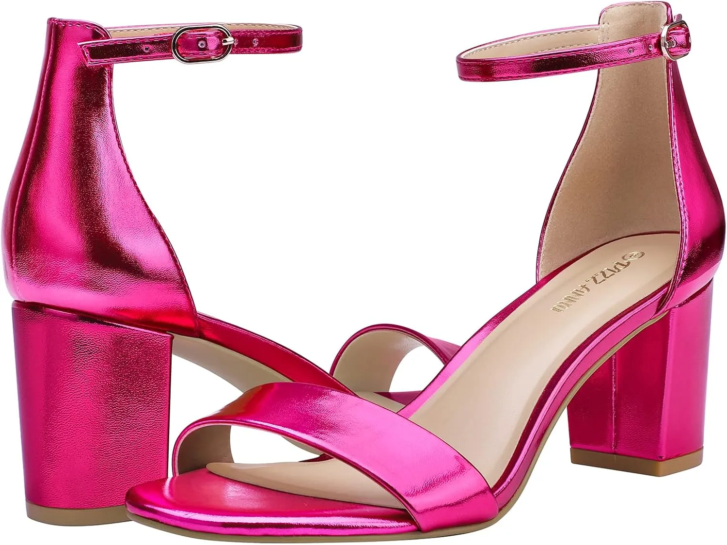 PIZZ ANNU Women's Open Toe Ankle Strap Low Block Chunky Heels Sandals Party Dress Pumps Shoes Strappy Buckle Sandals with 2.6" Tall Thick Heel Design