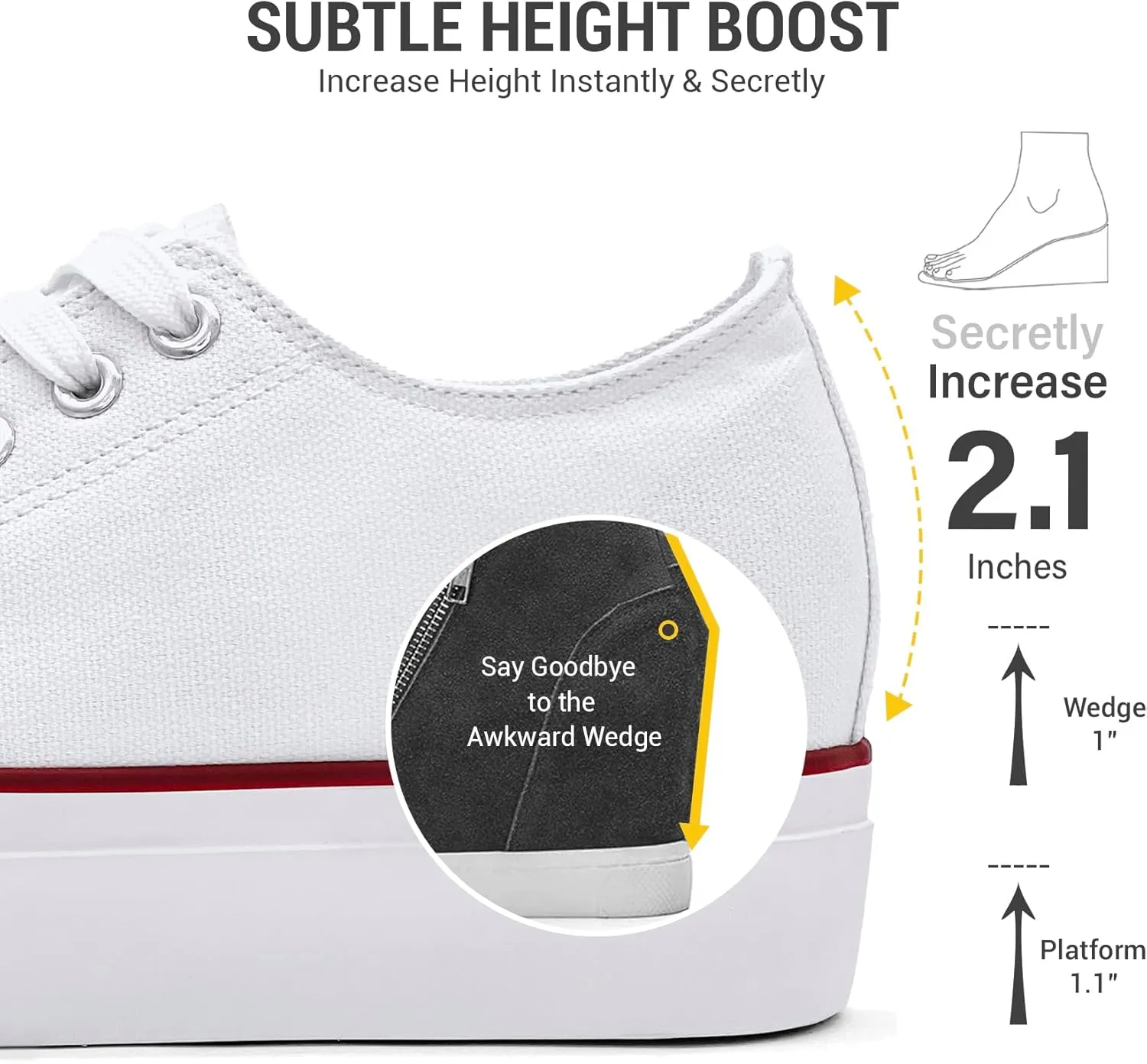 Platform Sneakers for Women 2 Inches Height Boost Hidden Wedge Sneakers, Height Increase Canvas Heel Sneakers Fashion White Sneakers for Women and Girls