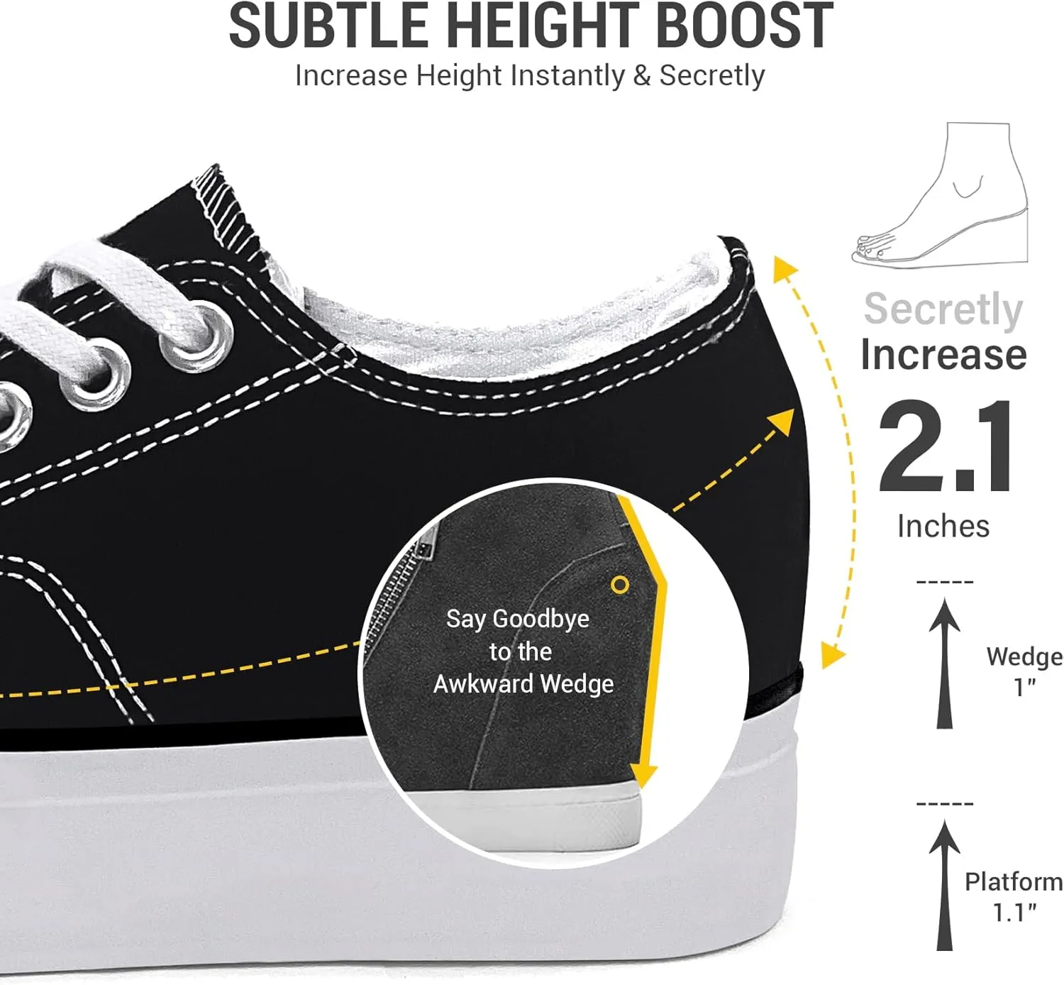 Platform Sneakers for Women 2 Inches Height Boost Hidden Wedge Sneakers, Height Increase Canvas Heel Sneakers Fashion White Sneakers for Women and Girls