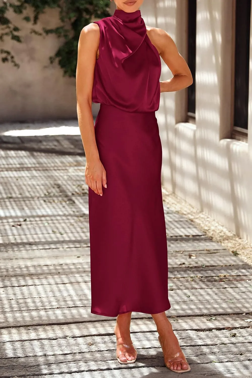 PRETTYGARDEN Women's 2025 Summer Satin Dress Elegant Sleeveless Mock Neck Cocktail Party Maxi Dresses