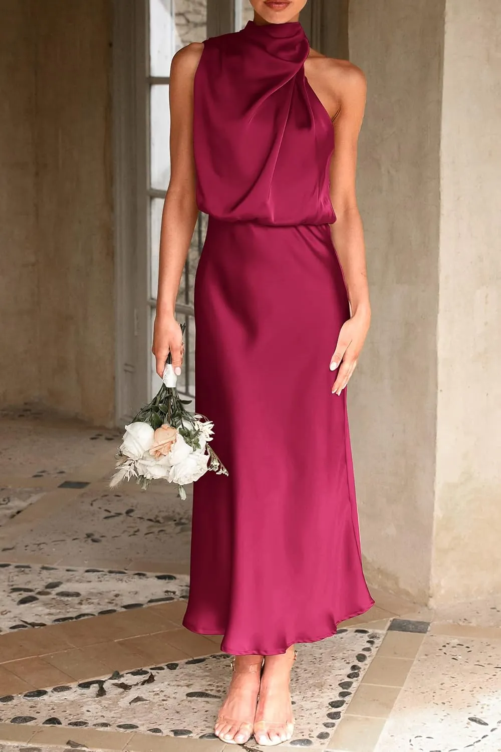 PRETTYGARDEN Women's 2025 Summer Satin Dress Elegant Sleeveless Mock Neck Cocktail Party Maxi Dresses