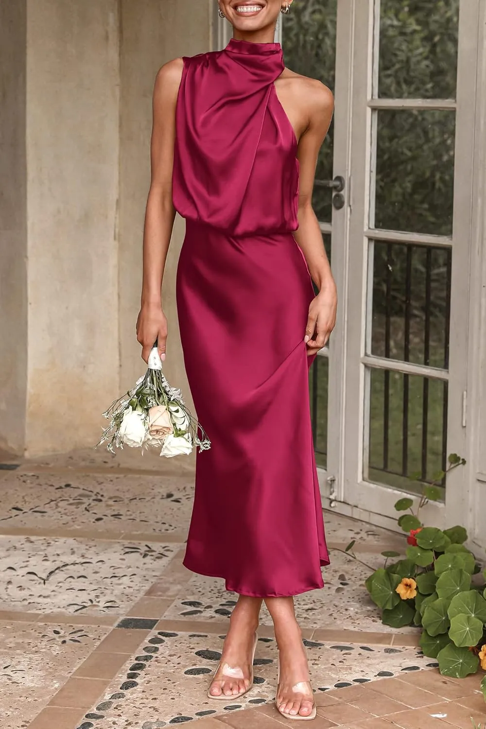 PRETTYGARDEN Women's 2025 Summer Satin Dress Elegant Sleeveless Mock Neck Cocktail Party Maxi Dresses