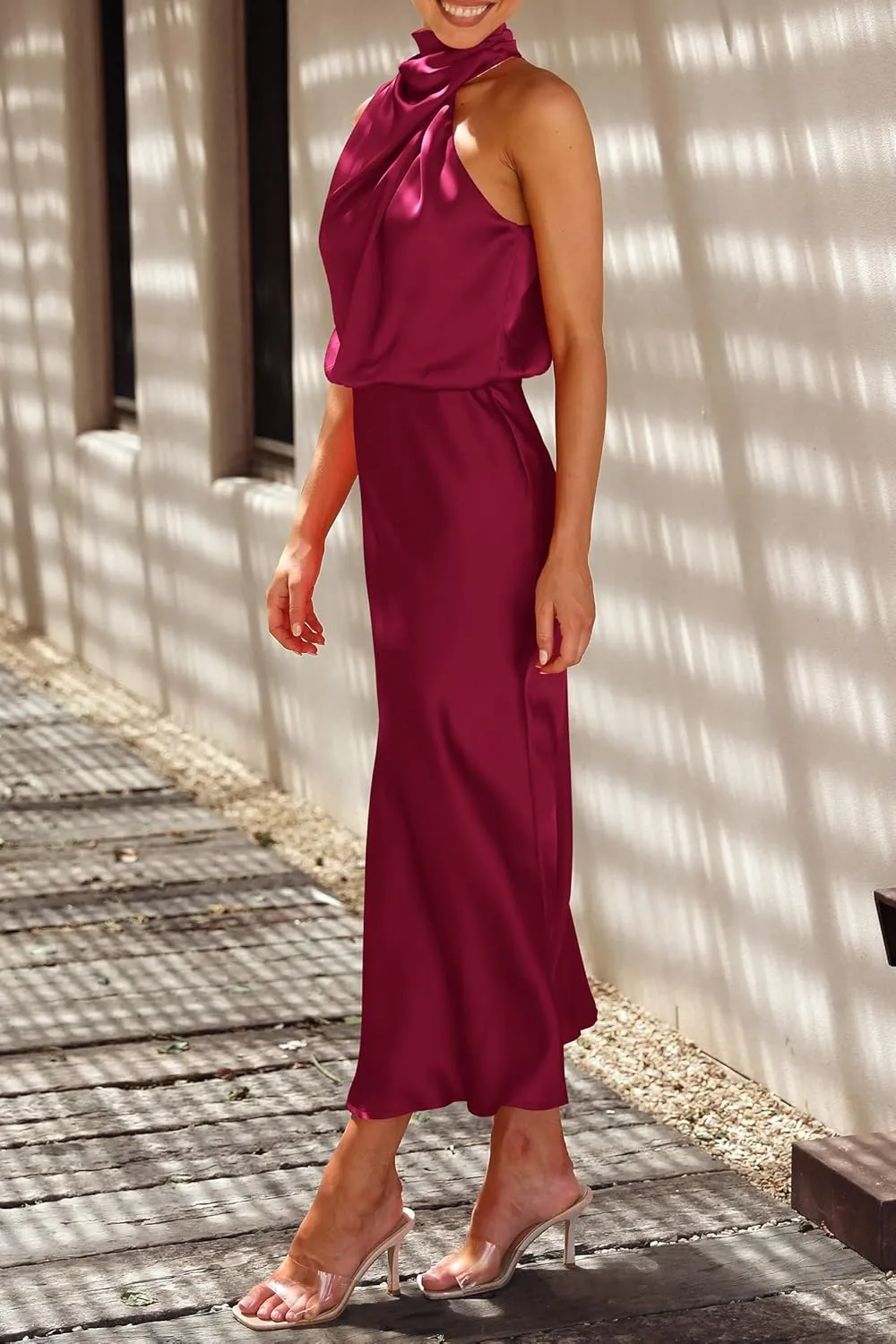 PRETTYGARDEN Women's 2025 Summer Satin Dress Elegant Sleeveless Mock Neck Cocktail Party Maxi Dresses