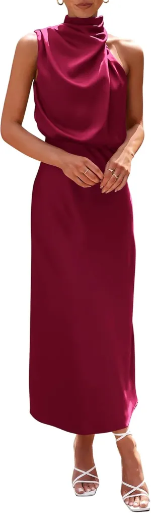 PRETTYGARDEN Women's 2025 Summer Satin Dress Elegant Sleeveless Mock Neck Cocktail Party Maxi Dresses