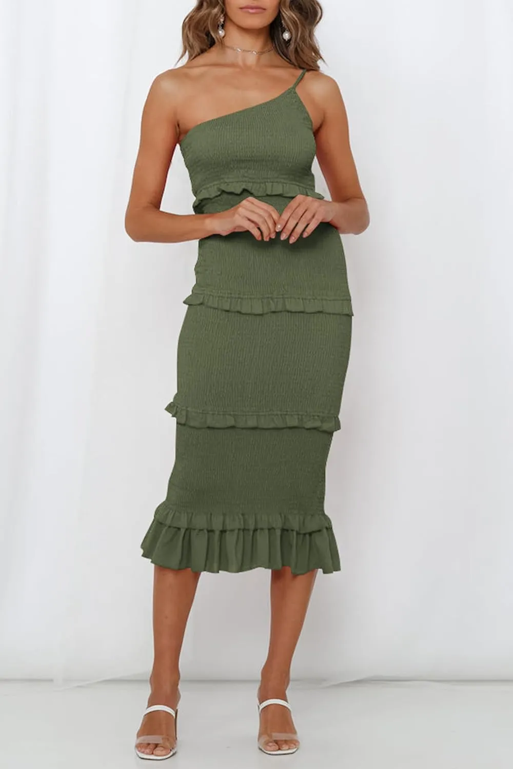 PRETTYGARDEN Women's Summer Midi Bodycon Dresses One Shoulder Strappy Tiered Ruffle Floral Boho Sun Dress