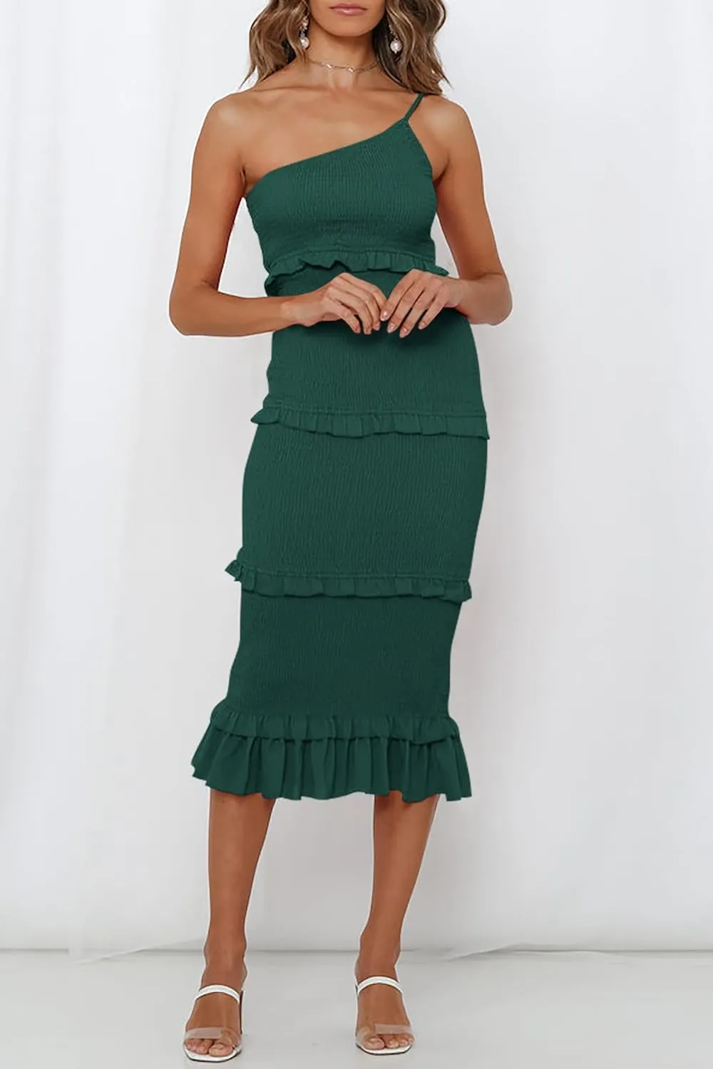 PRETTYGARDEN Women's Summer Midi Bodycon Dresses One Shoulder Strappy Tiered Ruffle Floral Boho Sun Dress