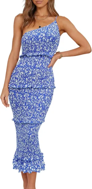 PRETTYGARDEN Women's Summer Midi Bodycon Dresses One Shoulder Strappy Tiered Ruffle Floral Boho Sun Dress