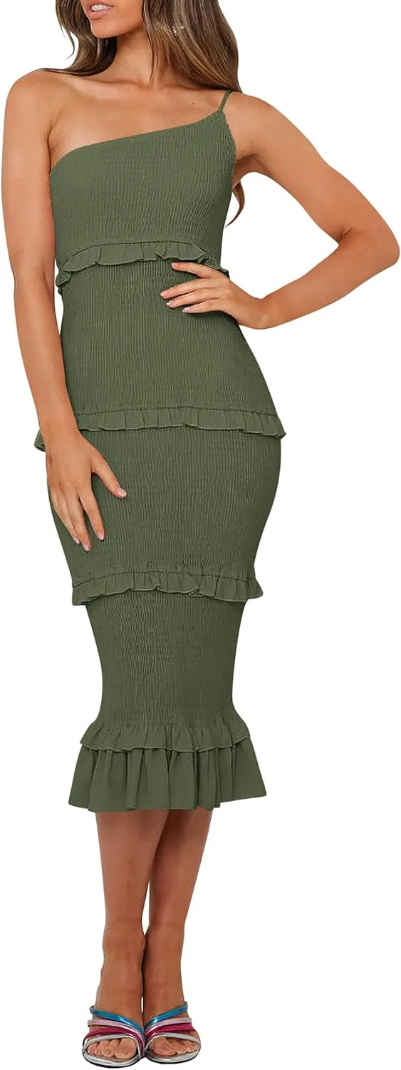 PRETTYGARDEN Women's Summer Midi Bodycon Dresses One Shoulder Strappy Tiered Ruffle Floral Boho Sun Dress