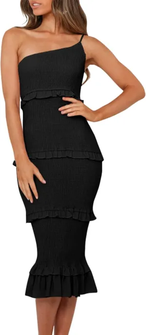 PRETTYGARDEN Women's Summer Midi Bodycon Dresses One Shoulder Strappy Tiered Ruffle Floral Boho Sun Dress