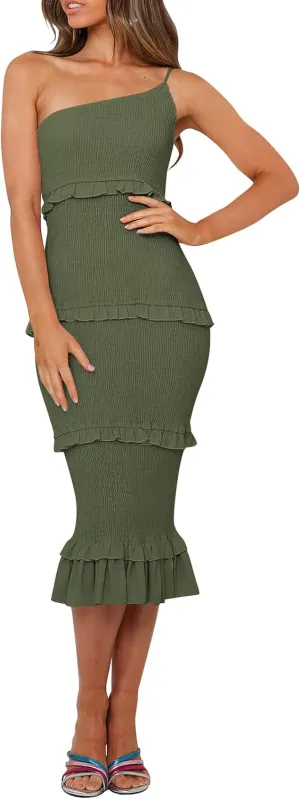 PRETTYGARDEN Women's Summer Midi Bodycon Dresses One Shoulder Strappy Tiered Ruffle Floral Boho Sun Dress