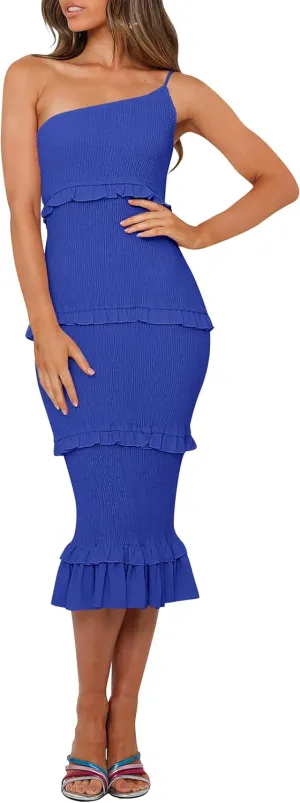 PRETTYGARDEN Women's Summer Midi Bodycon Dresses One Shoulder Strappy Tiered Ruffle Floral Boho Sun Dress