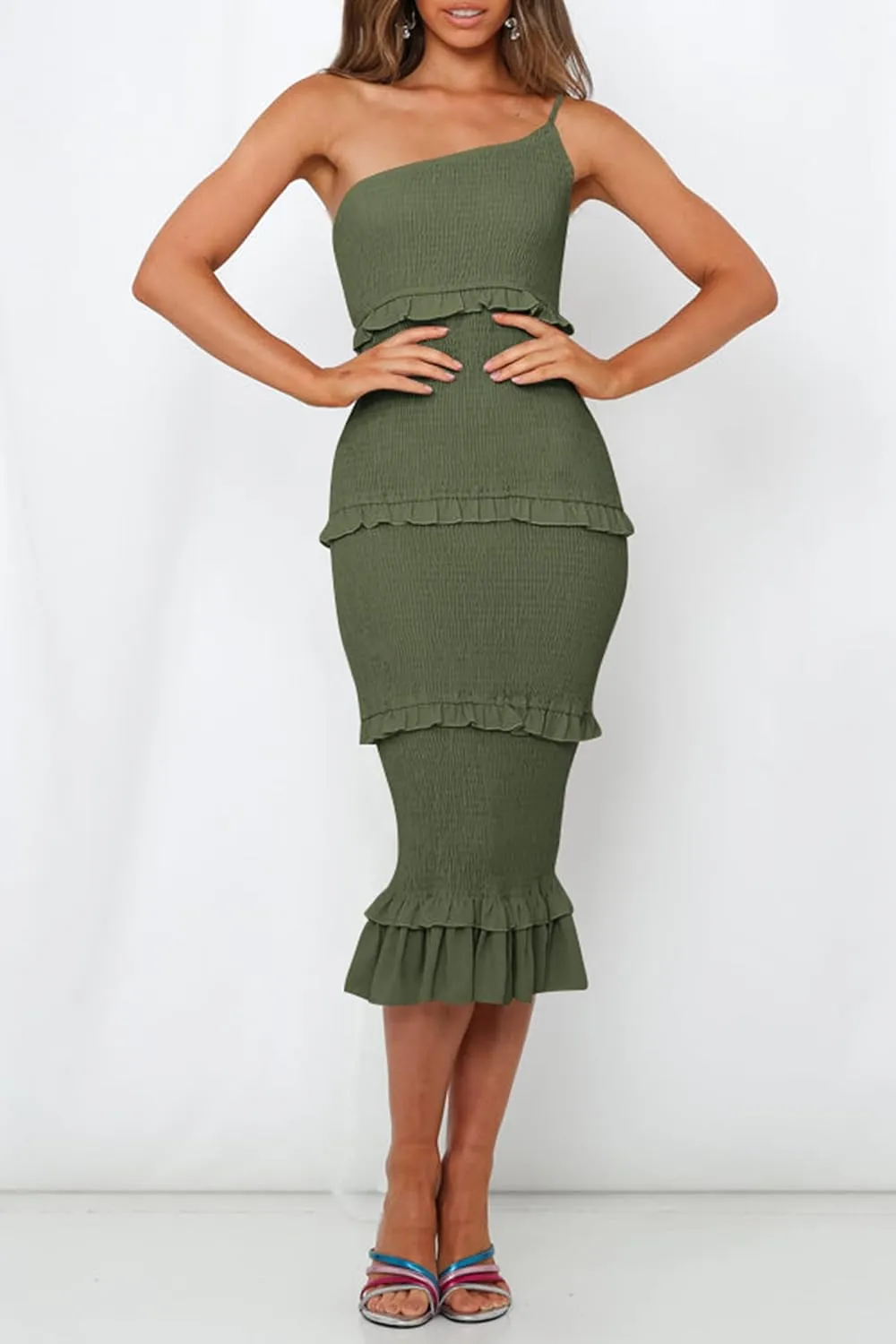 PRETTYGARDEN Women's Summer Midi Bodycon Dresses One Shoulder Strappy Tiered Ruffle Floral Boho Sun Dress
