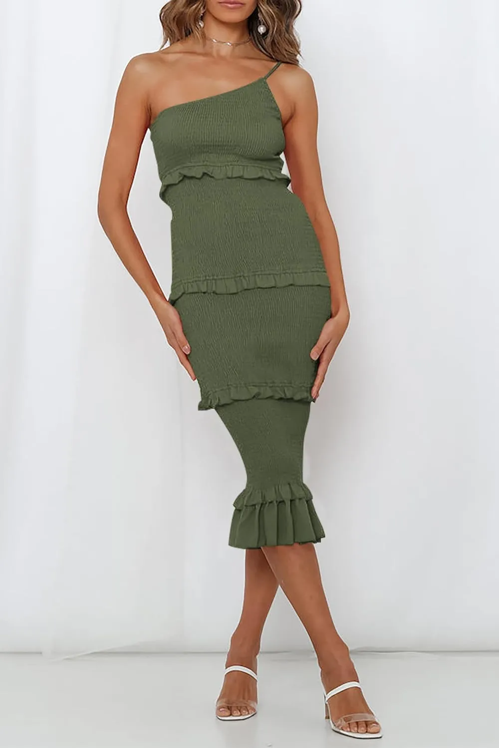 PRETTYGARDEN Women's Summer Midi Bodycon Dresses One Shoulder Strappy Tiered Ruffle Floral Boho Sun Dress