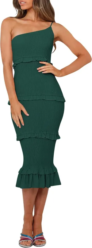 PRETTYGARDEN Women's Summer Midi Bodycon Dresses One Shoulder Strappy Tiered Ruffle Floral Boho Sun Dress