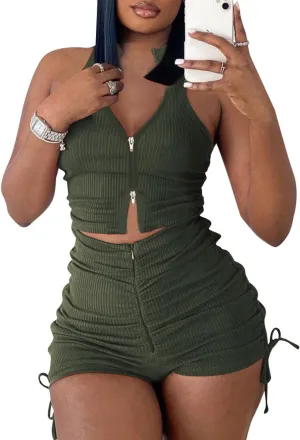 PYAEAS Summer Two Piece Outfits for Women, Casual Stretchy Ribbed Tank Crop Top Ruched Shorts Set Workout Tracksuits