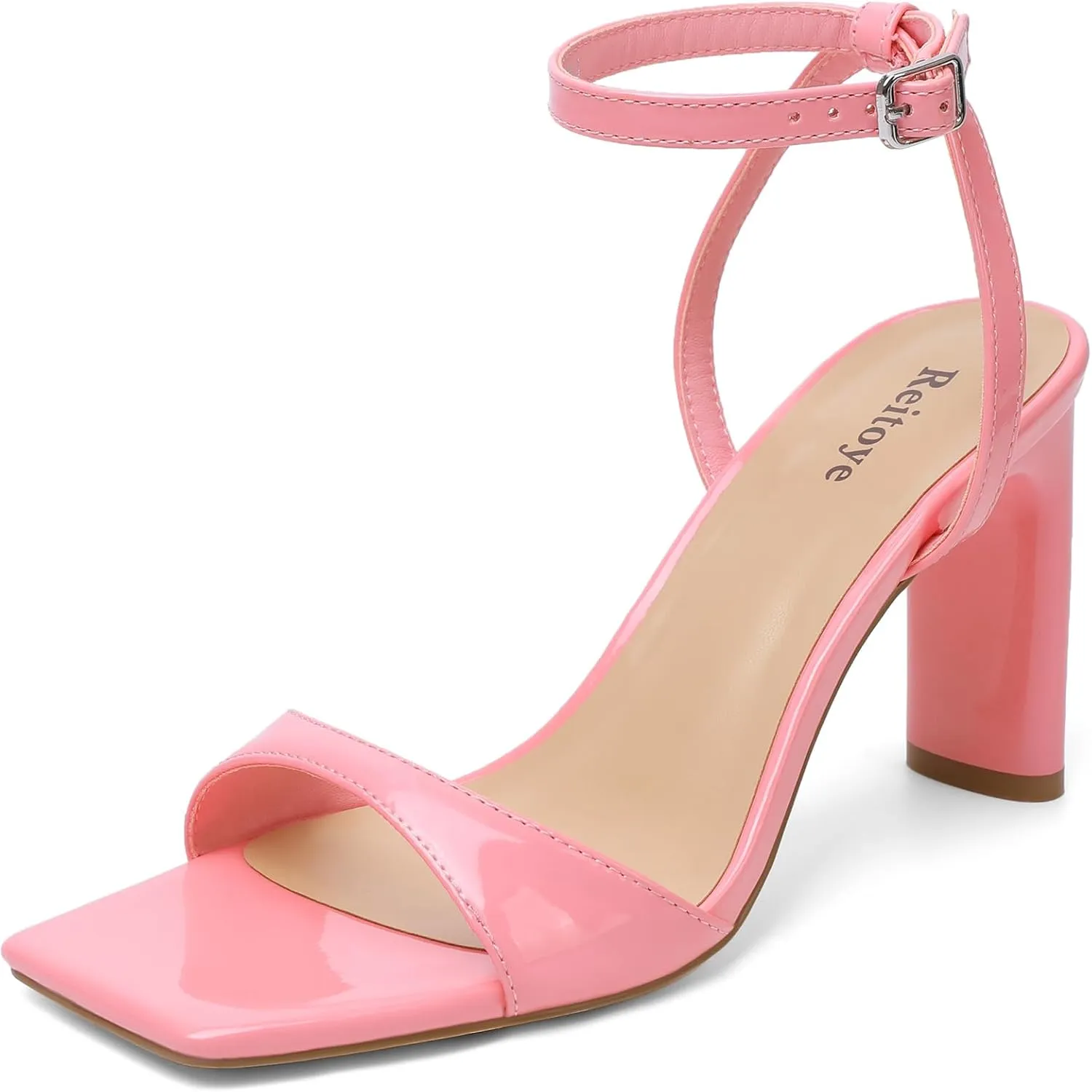 Reitoye Womens Heels Square Open Toe Chunky High Heels Strappy Ankle Strap Heeled Sandals for Women Dress Party Wedding