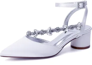 Rhinestones Satin Strappy Wedding Shoes Pointed Toe Block Low Heel Bridal Shoes Women Party Sandals 4.5CM Closed Toe Ankle Strap Pumps for Prom,White,11