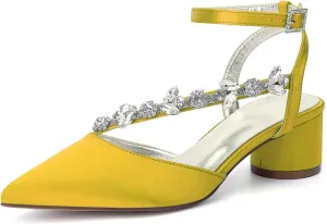 Rhinestones Satin Strappy Wedding Shoes Pointed Toe Block Low Heel Bridal Shoes Women Party Sandals 4.5CM Closed Toe Ankle Strap Pumps for Prom,Yellow,9
