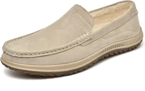 RiceelSor Men's Suede Leather Casual Flat Loafers Slip-Ons Comfort Light Orthotic Moccasin Dress Walking Boat Shoes with Fur Pile Lining Warm