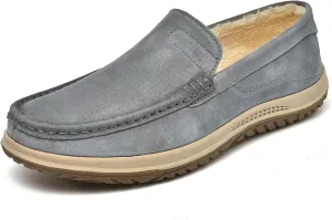 RiceelSor Men's Suede Leather Casual Flat Loafers Slip-Ons Comfort Light Orthotic Moccasin Dress Walking Boat Shoes with Fur Pile Lining Warm