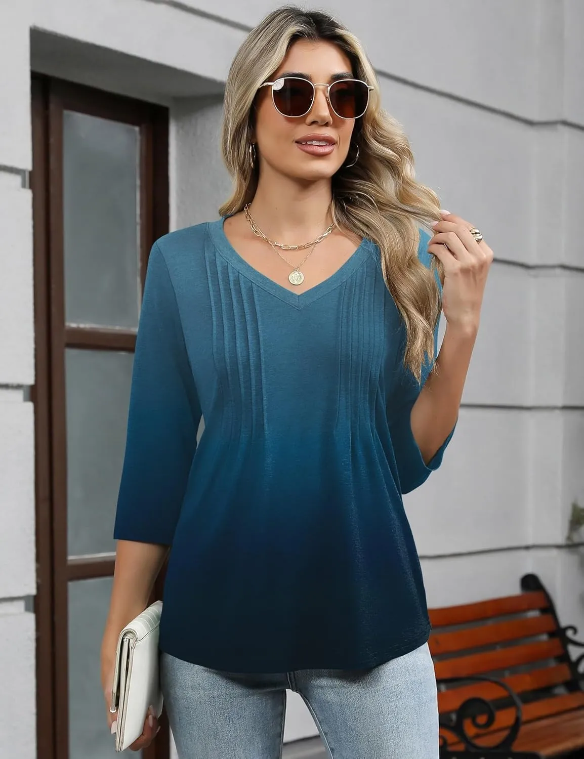Romanstii Shirts for Women 2025 Summer 3/4 Length Sleeve Womens Tops Dressy Casual Pleated Blouses V Neck Tee Shirts S-3XL