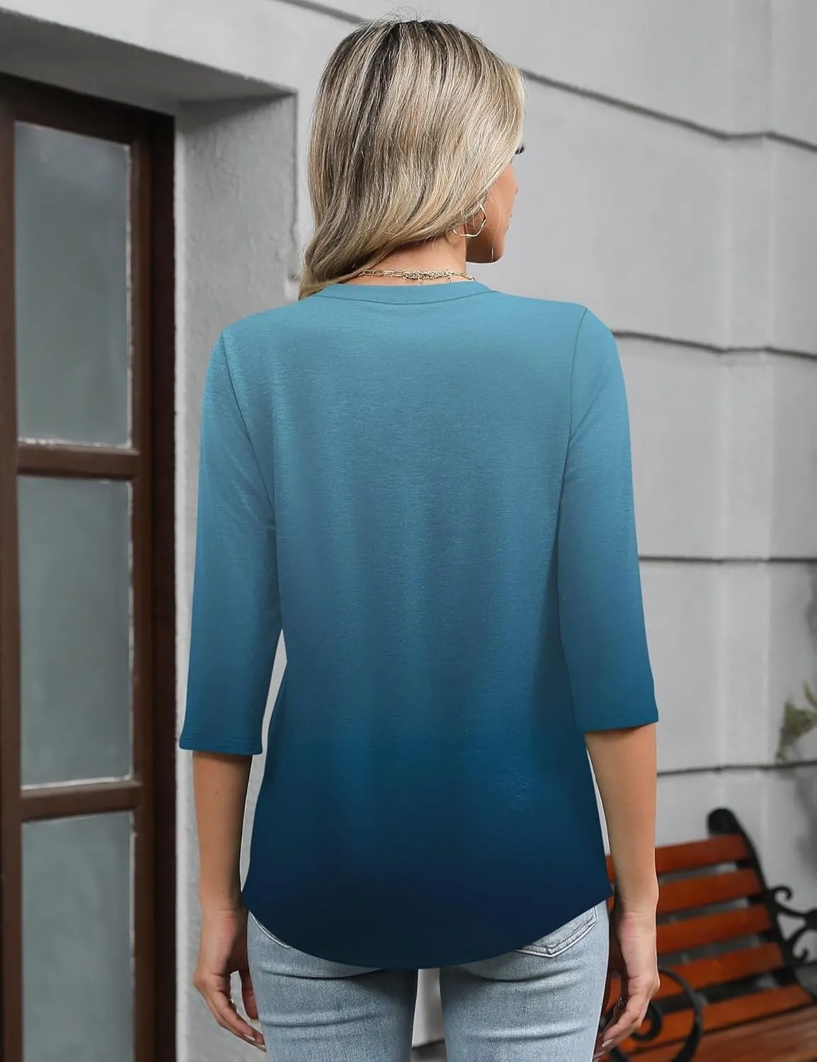 Romanstii Shirts for Women 2025 Summer 3/4 Length Sleeve Womens Tops Dressy Casual Pleated Blouses V Neck Tee Shirts S-3XL